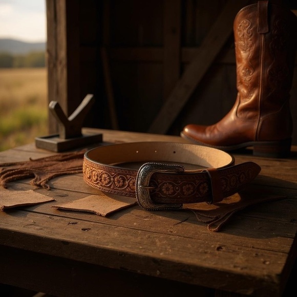 LA PLEBE BOOTS Men's Western Leather Belt Brown Size 38 Adjustable. NW/oT - Picture 2 of 7
